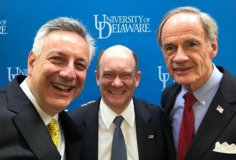 University of Delaware President Dennis Assanis takes a quick “selfie” with Delaware’s U.S. Senators — Chris Coons (center) and Tom Carper (right) during the fifth “UD Day in D.C.” event on Capitol Hill.