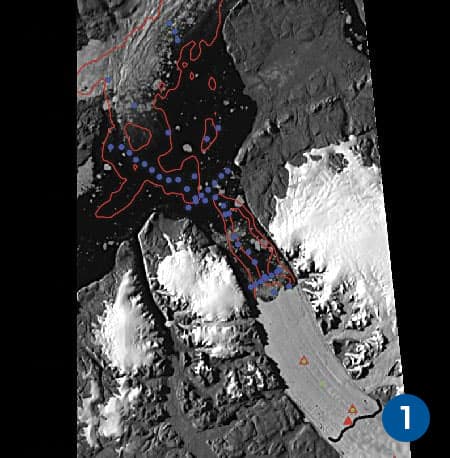 Petermann Glacier (gray, lower right) is a floating ice shelf. Blue dots designate where ocean data was collected in 2015. Photo Credit: Andreas Muenchow