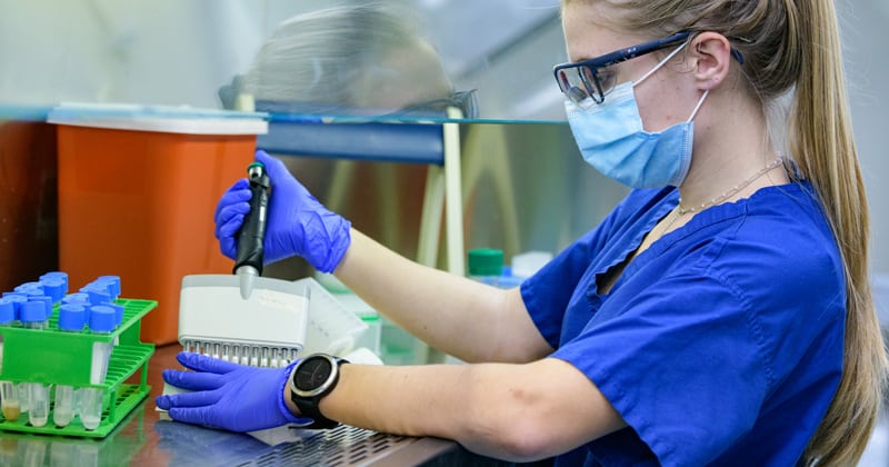 Bri Ames prepares sample extraction plates in a laboratory in UD’s College of Agriculture and Natural Resources.