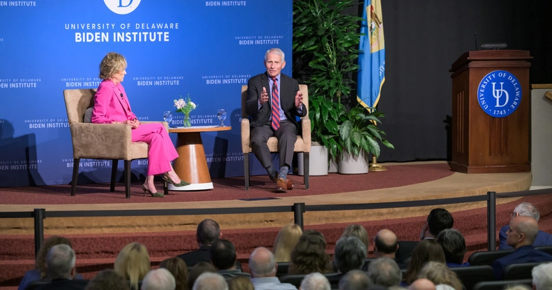 Valerie Biden Owens, chair of the Biden Institute at the University of Delaware, discussed disaster preparedness and crisis decision-making with renowned physician, immunologist and infectious disease researcher Dr. Anthony Fauci on May 3 as part of events surrounding the Disaster Research Center’s 60th anniversary.